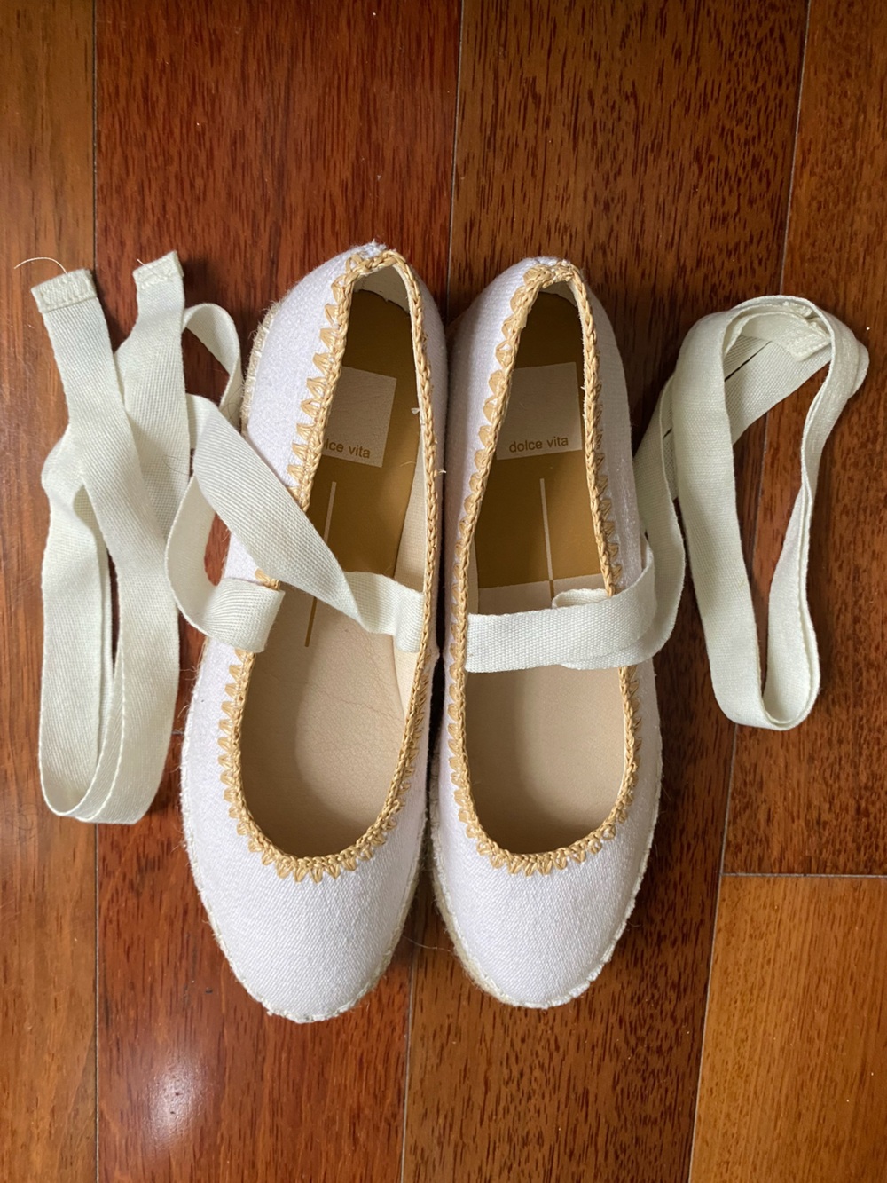 Dolce Vita Cream Ballet Flats with Ankle Wrap and Espadrille Trim